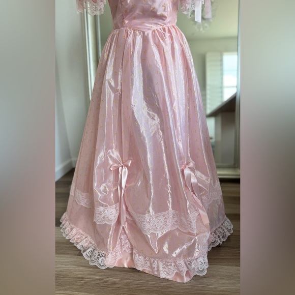 vintage 80s prom dress pink lace puffy bows tulle ball gown puff sleeves ILGWU - Picture 2 of 16